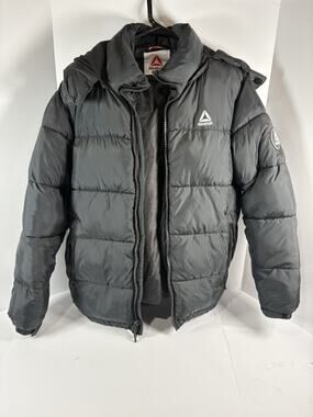 Reebok Mens Large Black Hooded Puffer Jacket Full Zip Winter Coat Insulated